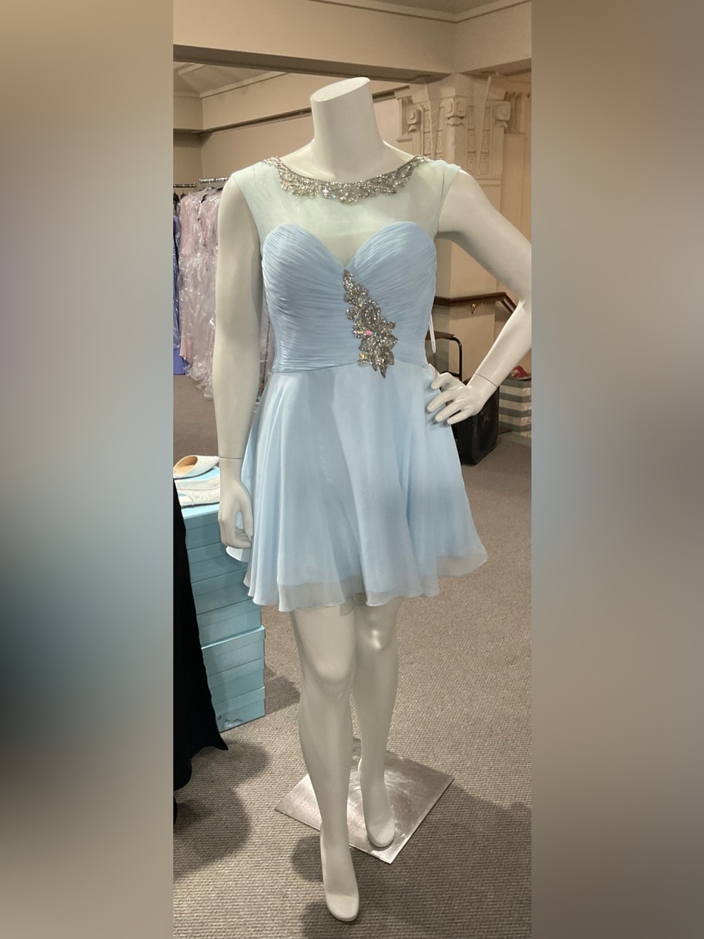 Alyce Paris Light Blue Chiffon Party Dress with Jewel Applique